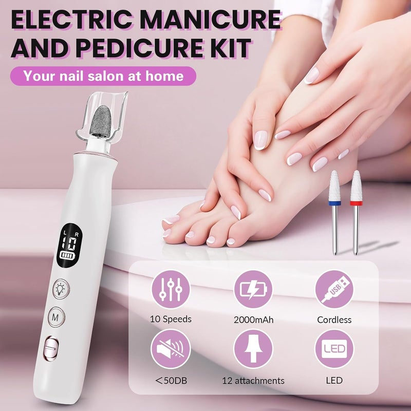 VFD Electric Nail Drill, Cordless 2000 mAh Rechargeable Portable Nail File 12 in 1 Kit for Thick Toenails, 10 Speeds Nail Dril Machine Professional Manicure Pedicure for Hand Natural Nails Care (White) - Image 2